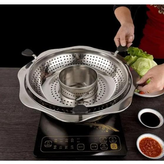 しゃぶしゃぶ鍋 4人?6人 回転火鍋34cm 2層鍋 ステンレス鋼 取り外し可能 サイズ：外径38cm 内径34cm 底直径25cm 深10cm 直火＆IH両対応 蓋がなし