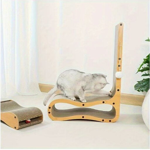 吊り下げおもちゃボール付きの2-in-1猫用スクラッチャーラウンジ - 縦型波形段ボール爪板、抜け毛なし&耐摩耗性設計の室内用猫向け 吊り下げおもちゃボール付きの2-in-1猫用スクラッチャーラウンジ - 縦型波形段ボール爪板、抜け毛なし&耐摩耗性設計の室内用猫向け