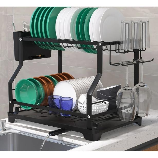 水切りラック 2段 棚 乾燥 バスケット シンク 横 大型 容量 シンク上 横置き 調節可能 キッチン ユーティリティ 省スペース 調理器具ホルダー カップホルダー 排