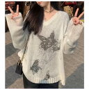 バタフライ柄 Vネック 長袖 ニット プルオーバー レディース トップス 春夏薄手 メッシュ清涼感 透け感 ヘルシー リブ カジュアル きれいめ エレガント涼し...