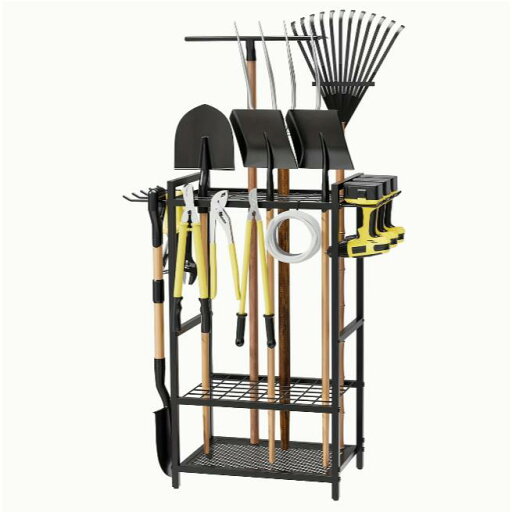 重厚スチール製ガーデンツールオーガナイザー(フック4個付き)長柄工具最大48本収納可能、多段式ストレージラック車輪付き移動便利なガレージやワークショップ 重厚スチール製ガーデンツールオーガナイザー(フック4個付き)長柄工具最大48本収納可能、多段式ストレージラック車輪付き移動便利なガレージやワークショップ