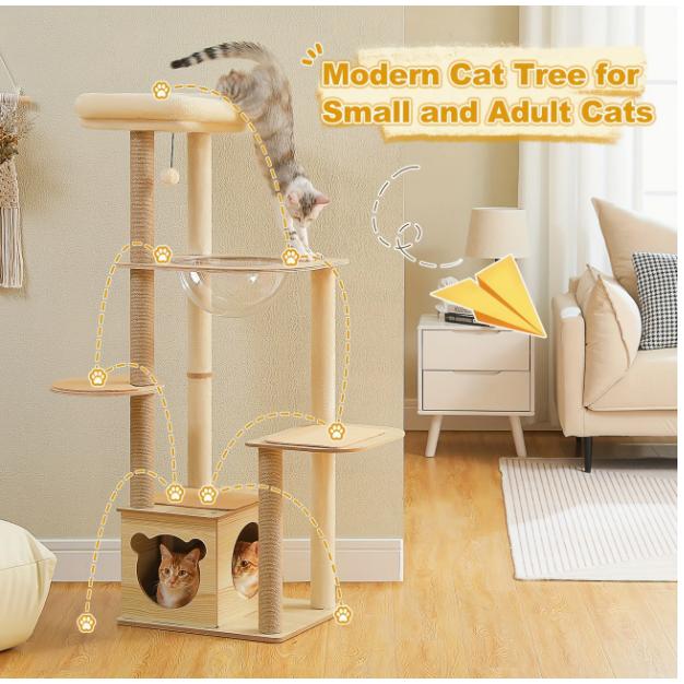モダンキャットツリー、135CMウッドキャットタワー、屋内猫用、4つのサイザルで覆われた猫の引っ掻き柱、かわいいキャットタワー、カプセルネスト 3