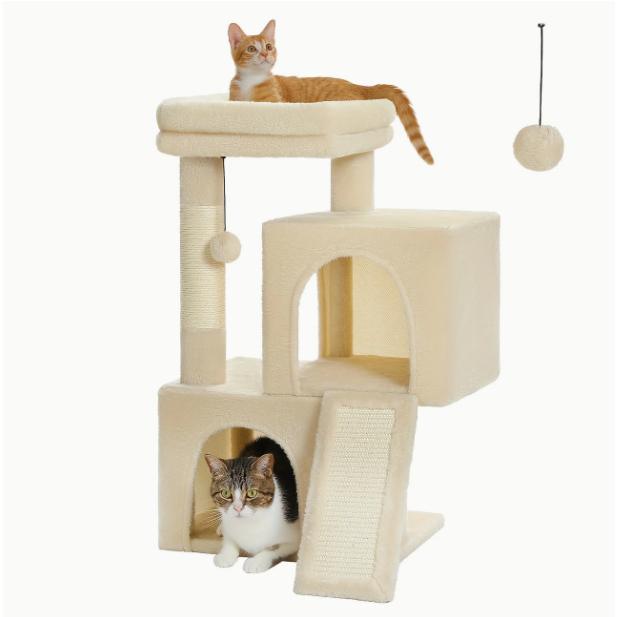 屋内猫用 76.96 cm / 77 センチメートル キャットツリー、取り外し可能な止まり木と引っ掻きポストパッド付き小型キャットタワー、ダブルキャットベッド