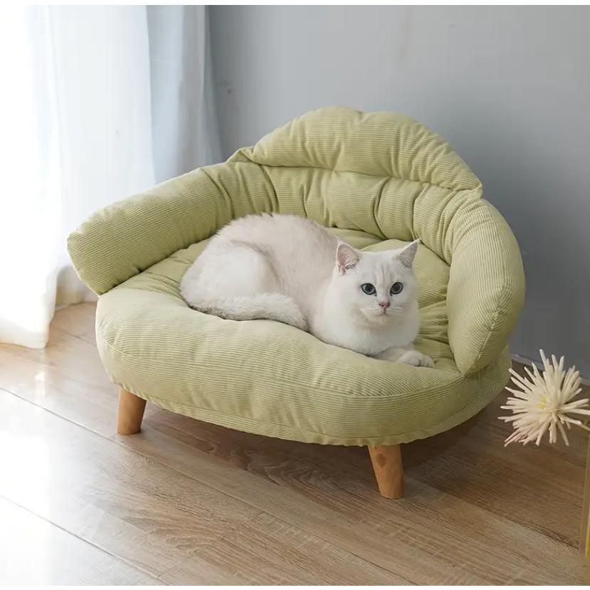 猫と犬用の快適な取り外し可能&洗えるペットソファベッド - オールシーズン快適、木製脚付きホワイトプラッシュクッション、室内用モダンデザイン