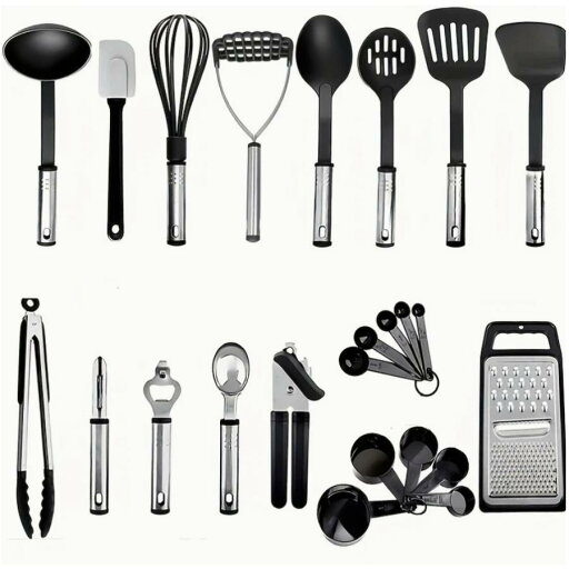 24 ピース ナイロン調理器具セット、ブラックカラー ステンレススチールハンドル 耐熱性 ノンスティック ナイロン キッチン調理器具セット 24 ピース ナイロン調理器具セット、ブラックカラー ステンレススチールハンドル 耐熱性 ノンスティック ナイロン キッチン調理器具セット