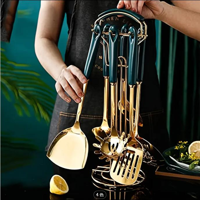 7個のステンレス製ワクユーティリティセット - 耐久性、電気なし、食材サービング用具、スパチュラ、カッター、スープラッドル、コランダー、ヌードルスープ、ラ