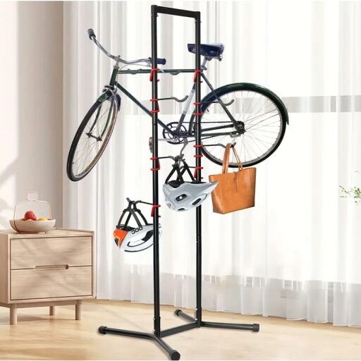 調節可能なブラックメタル自転車スタンド - 省スペース、滑り止め、錆びにくい、360°調節可能なフック付きロード&電動自転車用 - 床置き 調節可能なブラックメタル自転車スタンド - 省スペース、滑り止め、錆びにくい、360°調節可能なフック付きロード&電動自転車用 - 床置き