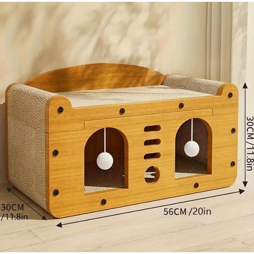 屋内外両用の広い木製猫ハウス - 双方の爪かきボード、ふわふわのボール、通気ドアを備えた多機能コンドミニアム。猫に最適。 2