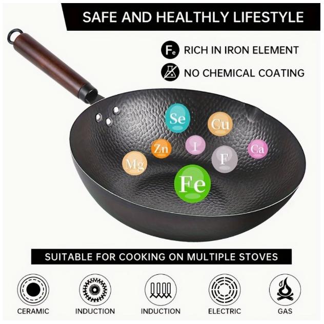 32cm シェフ用鋳鉄パン - 無化学塗装の伝統的なハンマー打ち裸鉄スキレット、誘導/ガス/電気/セラミック対応 3