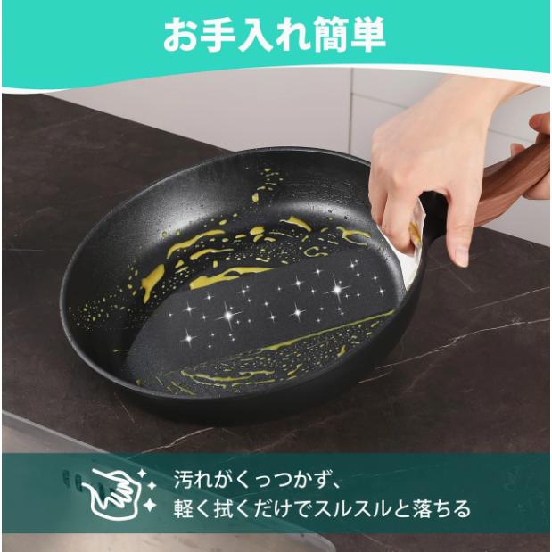 フライパン 内径26cm IH・ガス火対応 アルミダイキャスト 変形に強い 軽量 木目ハンドル ステンレス底 高熱効率 フッ素樹脂コーティング