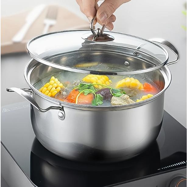 5個のステンレス製調理鍋セット、蓋付き、ダブルハンドル、深いストックポット、大容量、家庭やレストランでの使用に適しています