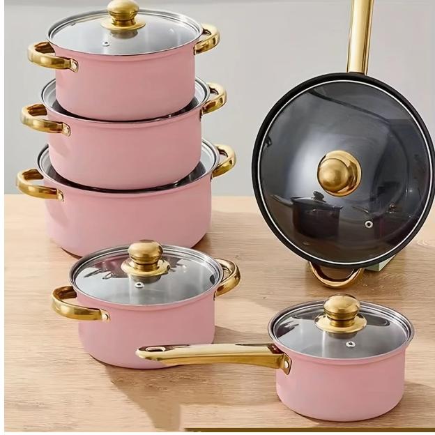 12個のステンレス製調理器具セット、ノンスティックフライパン、ストックポット、ミルクパン、煮る、煮込む、炒めるためのプレートハンドル付き。