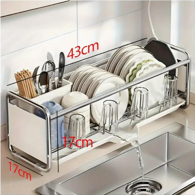 キッチン水切りラック 食器ラック 食器乾燥ラック 箸立て付き 耐久性に優れ、錆びにくいカーボンスチール製 できる広いスペース 傾斜シュートで素早く水切りでき