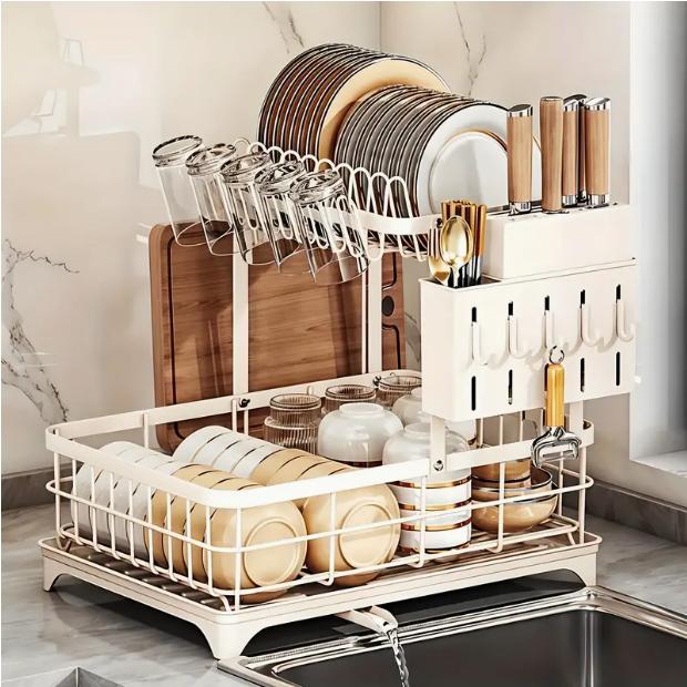 ディッシュラック、2段、自動排水機能付き、360°回転、ナイフ＆箸ホルダー、まな板ホルダー、カップラック付き。簡単組み立て、大容量、高耐荷重