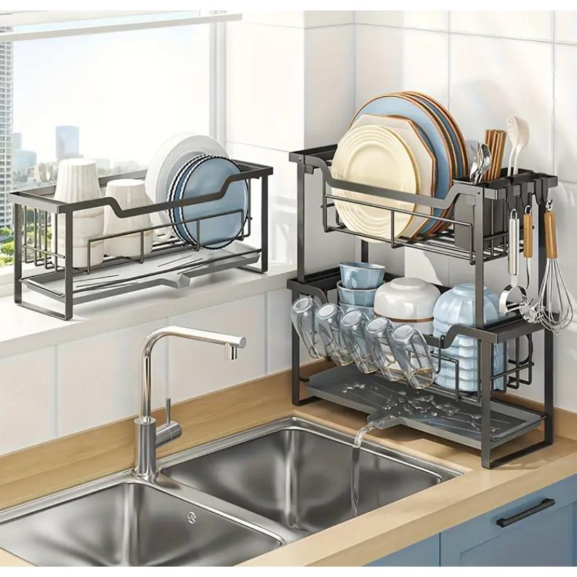 ディッシュラック、水切りラック、キッチン収納ラック、食器収納ラック、二段、箸置き付き、カップホル..