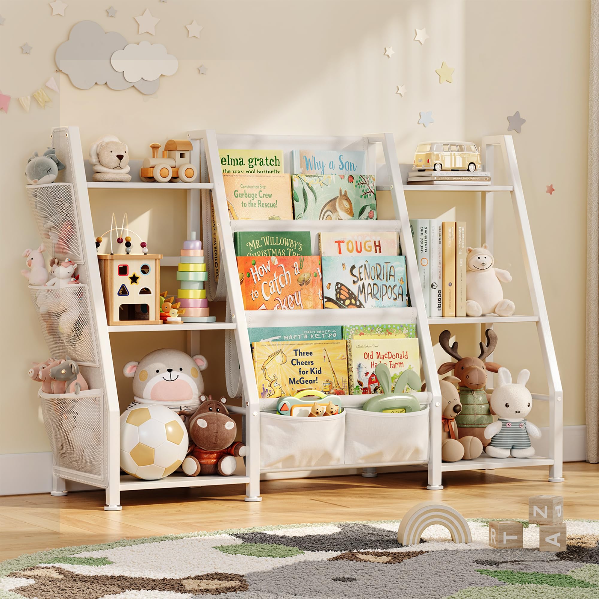 大容量 子供 収納 本棚: リビング しっかり 絵本ラック - 子供部屋 スッキリ おもちゃ箱 - 幼稚園 可愛..