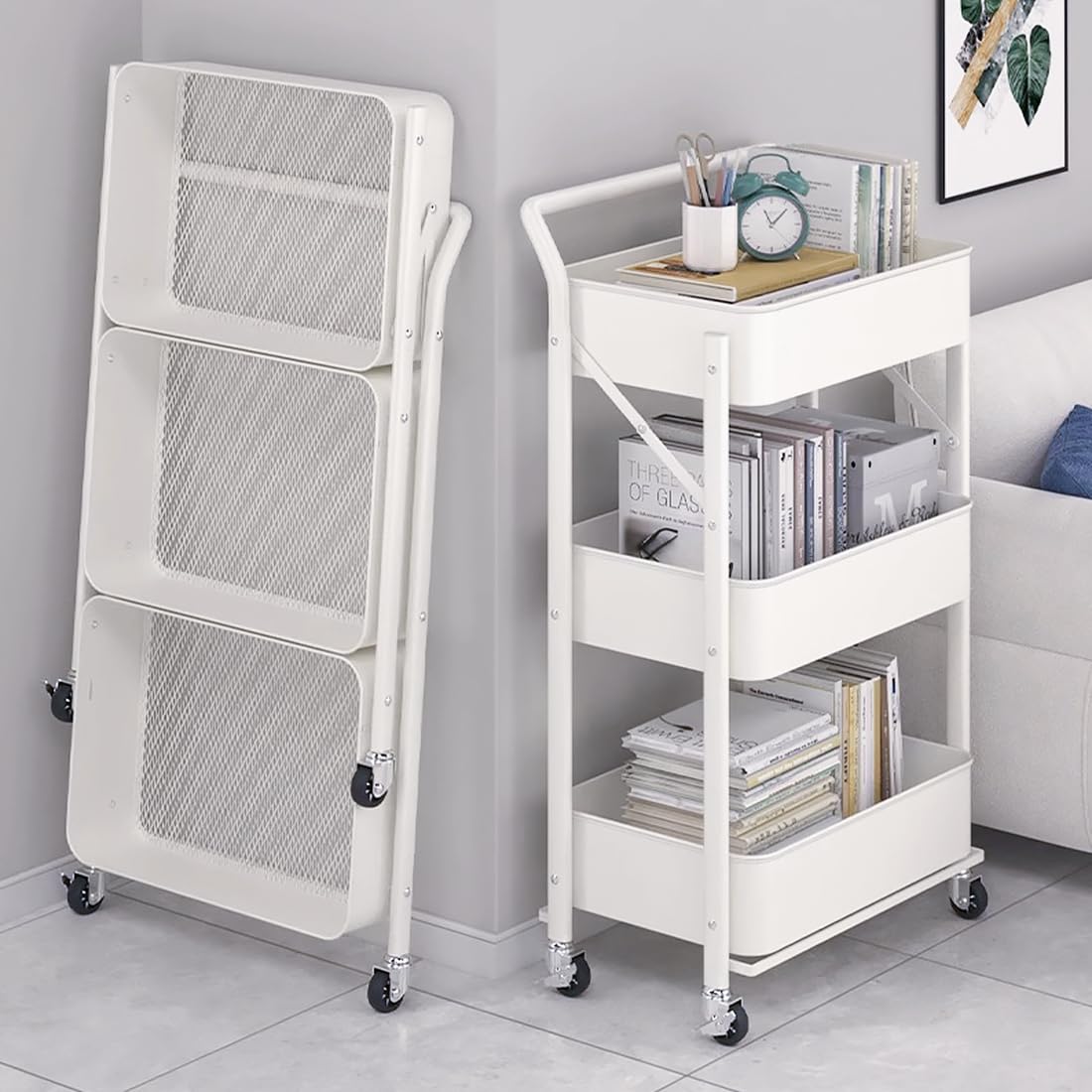 キッチンワゴン 組立不要 3段 折り畳み式 スチールラック 幅46×奥行29.5×高さ87cm バスケットトローリー バスケットラック ハンドル キッチンラック キャスター付き 3段 棚 隙間収納 収納ワゴン 収納カート 収納ラック 移動式