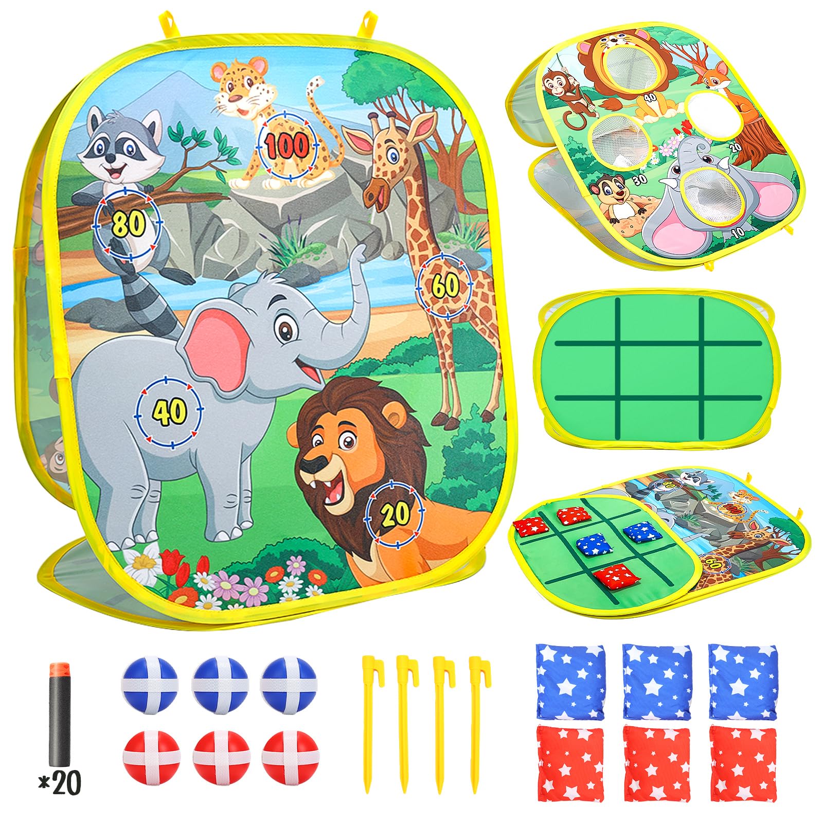 【4in1遊び方ダーツボード】家族や友人が集まる場で盛り上がるターゲットゲーム、豆投げゲーム、粘着ボールゲーム、井の字遊びという四つの遊び方可能なダーツボードおもちゃです。多数な遊び方があり、子供から大人まで遊ぶことができます！さらに目でダーツボードを狙う必要があり、目をリラックスさせ、視覚疲労を減らすとともに、肩/腕の人体活動に達成、健康に効果があります。【超大判の3面式ダーツボード】ターゲットボードのサイズは48.5cm*31cm*60.9cmで、小さなお子様でも的に当てやすいです。さらに、3つの面を遊ぶことができ、楽しさ倍増です！【コンパクトな収納】セットには専用の収納袋がセットされており、持ち運びや片付けが簡単です。商品を収納袋にスッキリまとめることで、整理整頓ができ、場所を節約しながら便利に保管できます。【プレゼントに最適！】 友達、家族と遊ぶのはもちろん、ひとりでも楽しく遊ぶことも可能です。お子さんの入園プレゼント、お誕生日プレゼントなどとして喜ぶに間違いなしです！【セット内容】本体×1、弾丸×20、粘着ボール×8、サンドバッグ×8、収納袋×1、固定用ピン×4が含まれています。PK対決可能です。【安全で高品質】安全性に配慮した粘着デザインのターツボードセットは、軽量で尖った部分がなく、お子様でも安心して遊べます。頑丈な厚手の綿布で作られた的ボードとマジックテープで覆われた粘着ボール、投げ矢は、強力な粘着性でしっかりと固定されます。