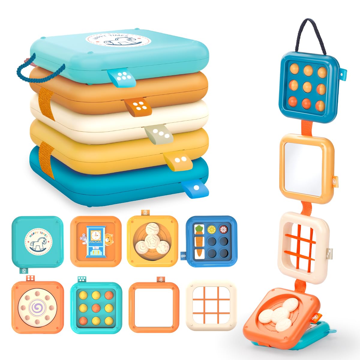 【モンテッソーリ知育玩具】革新的なビジーボードには、楽しい鏡、かくれんぼ時計、にんじんパズル、回転フアン、ダイヤルを回す、色変換、デジタル認識、伸縮性のある編みロープの8つの学習アクティビティがあります。これらは1歳児に最適なモンテッソーリ...