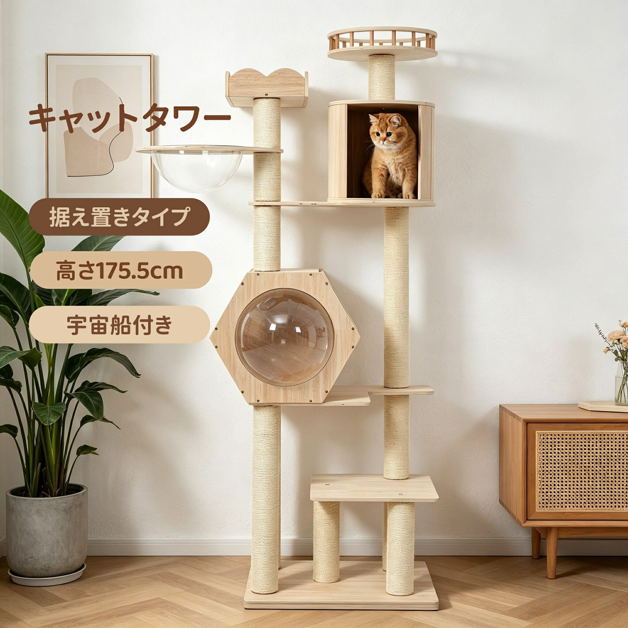 乐天商城 - キャットタワー猫タワー キャットツリー 高さ179cm 木製 多頭飼い対応 宇宙船付き 据え置き 高安定性頑丈 上り下りしやすい 爪とぎポール 大型猫/子猫兼用 省スペース 運動不足解消 おしゃれ可愛い ペット用品