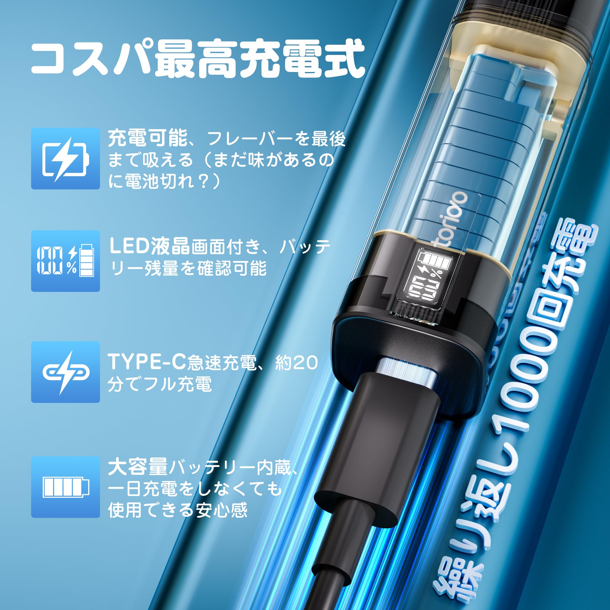 X-Space Vape Shopの電子タバコ VPAE 本体 バッテリー LEDディスプレイ搭載 残量確認 600mAh 大容量 TYPE-C 急速充電 IM4型 TORIDO (ブルーグリーン)｜アングル3