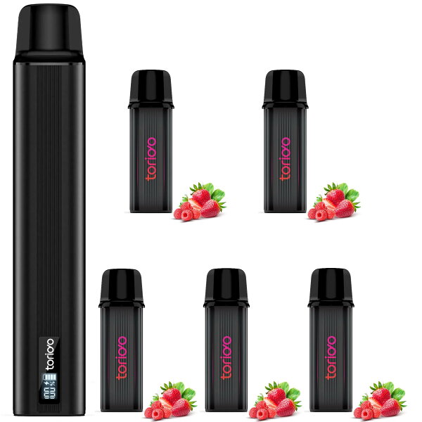 X-Space Vape Shopの電子タバコ VAPE スターターキット カートリッジ 5本セット 25000回吸引 本体 POD LEDディスプレイ搭載 残量表示 使い捨て 使用簡単 メンソール入り 爆煙 禁煙 ベイプ コスパ ニコチン0 タール0 IM4型 TORIDO (ベリーベリー*5+バッテリー*1(黒))|詳細画像