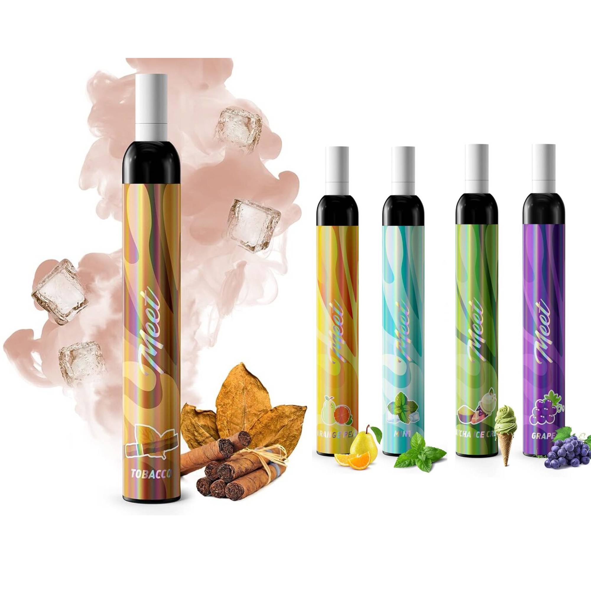 MEET O5ES 紙タバコ感覚の 使い捨てVAPE フィルター付きで自然なくわえ心地 ニコチン0・タール0 「普通のVAPEとはちょっと違う。」 紙タバコを思わせるスティック形状と フィルター付きのくわえ心地。 MEET O5ES おすすめポイント 01｜フィルター付き スティックタイプ＆フィルター付きで、 自然なくわえ心地を楽しめます。 02｜最大約2,000回吸引 コンパクトなボディながら、 1本で最大約2,000回吸引可能。 ※吸引回数は吸引時間・使用状況などにより異なります。 03｜ニコチン0・タール0 ニコチン・タールを含まないVAPEです。 04｜操作かんたん 吸うだけで使用できるため、 ボタン操作は必要ありません。 05｜充電・リキッド補充不要 充電やリキッド補充などの 面倒なメンテナンスは必要ありません。 06｜軽量・コンパクト ポケットやバッグにも入れやすく、 外出時にも持ち運びやすいサイズです。 5種類のフレーバーから1セットに組み合わせ 気分や好みに合わせてお好きな味をお選びください。 ミントメンソール すっきりとしたメンソールの清涼感を楽しめるフレーバー。 グレープ ジューシーなグレープの甘みとほどよい酸味。 クラシックタバコ 甘さを抑えたタバコ系フレーバー。 オレンジナシ オレンジの爽やかな酸味とナシのジューシーな甘み。 抹茶アイスクリーム 抹茶のほろ苦さとクリーミーな甘み。 使い方はかんたん STEP 01 商品を開封する STEP 02 そのまま吸引する STEP 03 吸い終わったら、そのまま廃棄してください 1本で最大約2,000回吸引 充電不要・リキッド補充不要 ※吸引回数は吸引時間・使用状況などにより異なります。 製品仕様 商品名 紙タバコ感覚のVAPE ブランド MEET 型番 O5ES サイズ 約15 × 15 × 90mm 吸引回数 1本あたり最大約2,000回 フレーバー 5種類 タイプ 使い捨てタイプ 付属品 紙フィルター ご注文前にご確認ください ・吸引回数には個人差があります。吸引時間や使用状況により異なります。 ・フレーバーの感じ方には個人差があります。 ・ご注文前に商品ページのセット内容・仕様をご確認ください。 ・商品仕様についてご不明な点がございましたら、ご注文前にお問い合わせください。 紙タバコ感覚の フィルター付きVAPE MEET O5ES 5種類のフレーバーから 1セットに組み合わせ【お好きなフレーバー10種類を自由に組み合わせてお選びいただけます👇】 ⇒ 人気の10種類のフレーバーを自由に組み合わせ、MEETの全味体験できる。 ・10本セット 【10本以上まとめて購入する方はこちら👇】 ⇒ ミックスベリー風味（10～30本入り） ・甘酸っぱくて華やか ⇒ コーラ（10～30本入り） ・炭酸のような刺激 ⇒ グレープ（10～30本入り） ・濃厚なぶどうの甘み ⇒ フローズン（10～30本入り） ・氷×ミントのキック感 ⇒ マスカット（10～30本入り） ・芳醇フルーティー ⇒ クラシックタバコ（10～30本入り） ・紙巻き感覚の重厚な味わい ⇒ ミントメンソール（10～30本入り） ・スッキリ清涼感 ⇒ グレープフルーツ（10～30本入り） ・爽やかな柑橘系