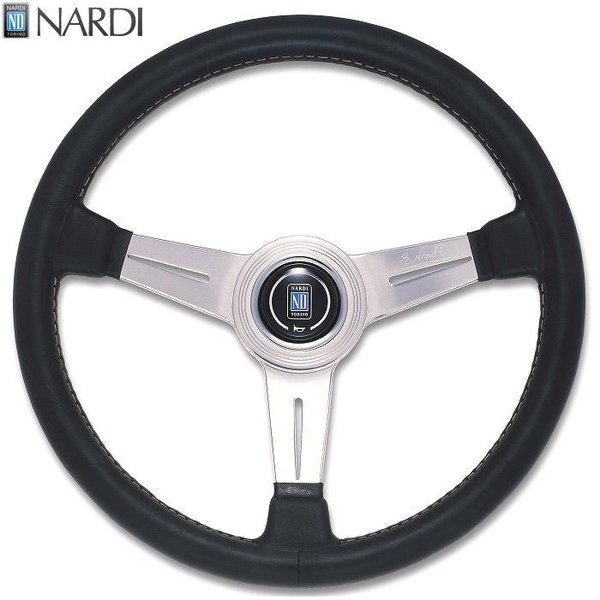 NARDI ナルディ N132 ブラックレザー ポリッシュスポーク グレーステッチ ステアリング 径360mm NARDIホーンボタン ホーンリング付【お取り寄せ商品】【ハンドル ステアリング】