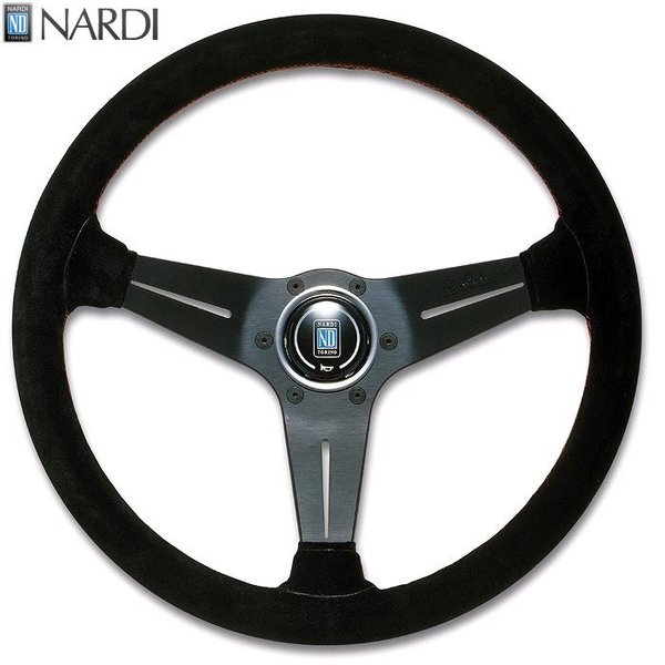 NARDI ナルディ N754 スウェード ブラックスポーク ディープコーン レッドクロスステッチ ステアリング 径350mm NARDIホーンボタン付 オフセット80mm【お取り寄せ商品】【ハンドル ステアリング】