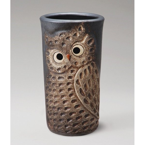 信楽焼　528-07　ふくろう彫り傘立（黒）【メーカー直送品】【同梱/代引不可】【信楽焼・花器・花瓶・生花】