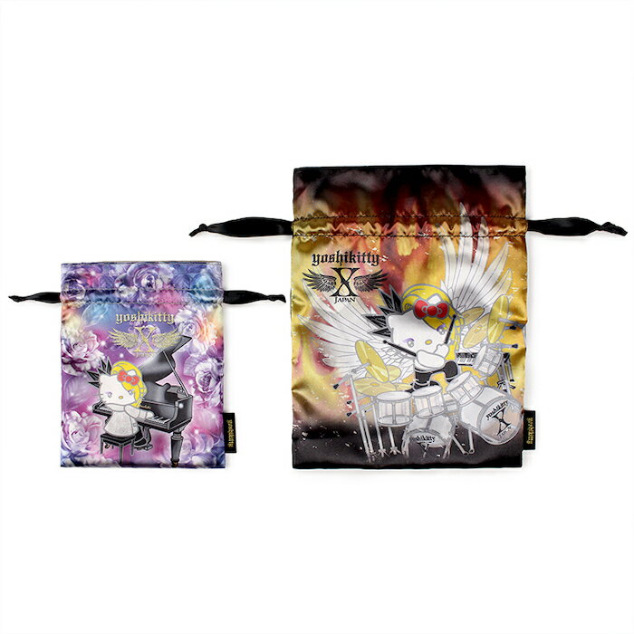 【メール便商品2個以上で送料無料！】yoshikitty サテン巾着2枚セット 薔薇/炎ポーチ 化粧ポーチ 小物入れ 巾着 リボン ヨシキティ X JAPAN サンリオ sanrio ハローキティ YOSHIKI