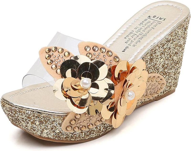 ウェッジソール ミュール クリア サンダル レディース フラワー 大人可愛い おしゃれ ハイヒール 厚底 ..