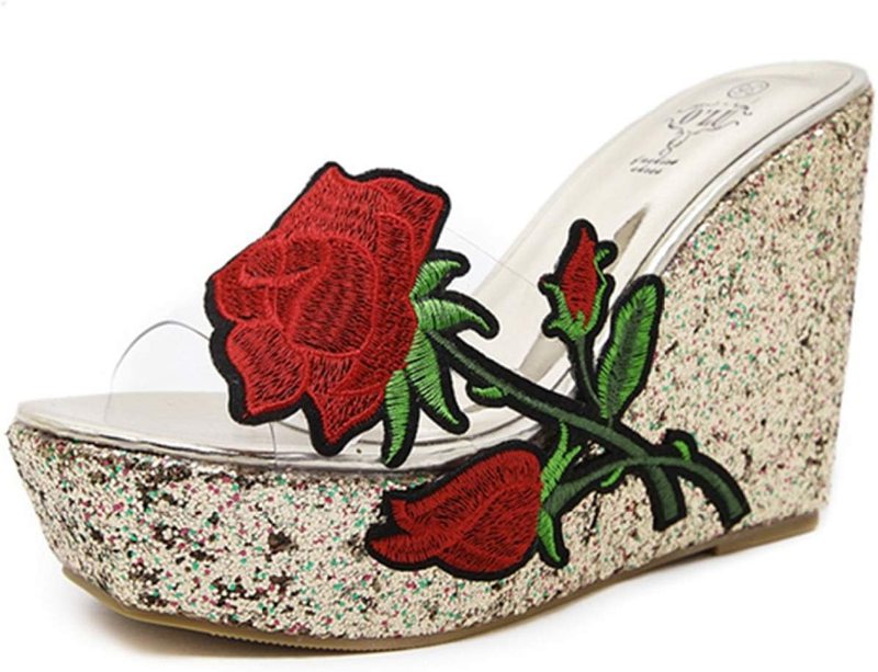 ミュール レース 刺繍 厚底 ウェッジソール サンダル 歩きやすい レディース ヒール キラキラ リゾート パーティー 他と被らない 履きやすい かわいい 透明 サボ サンダル おしゃれ ビーチサンダ