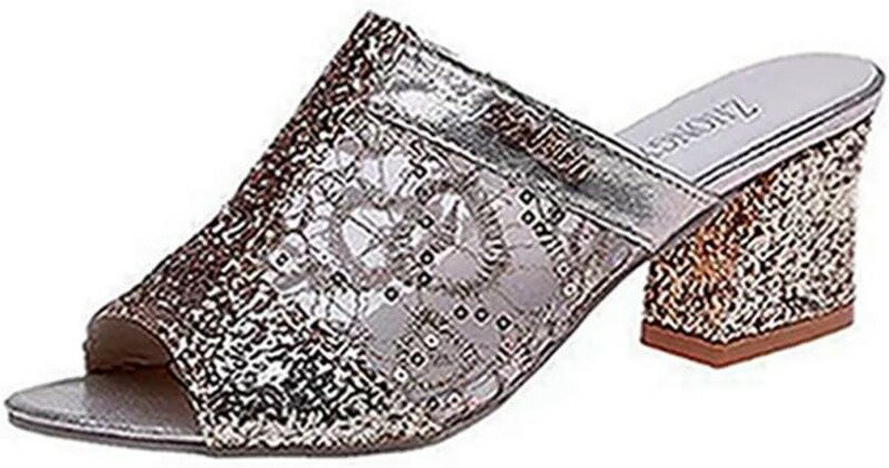 通気性 サンダル レディース ミュール 歩きやすい スパンコール 太めヒール 金 銀 美脚 安定感 ミュール レディース シューズ 透け感 可愛い チャンキーヒール 軽量 ミュールサンダル つっかけ