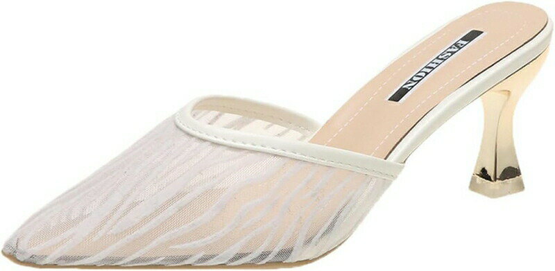 ミュール サンダル ハイヒール サボサンダル メッシュ 通気 スクエアトゥ ピンヒール 夏 美脚 お呼ばれ パーティー つっかけサンダル かかとなし 試着室 外履き ぺたんこ 大人 バブーシュ 前 ふ