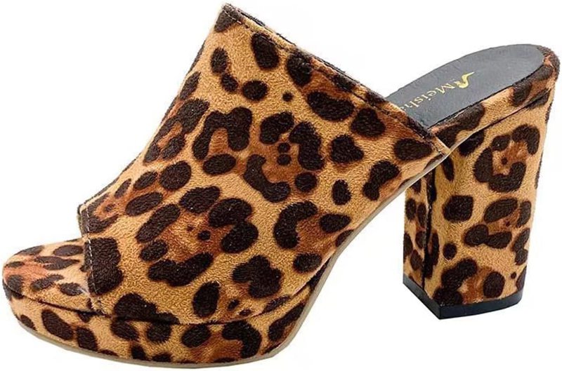 レディース 太ヒール 夏 オープントゥ ミュール サンダル ヒョウ柄 通勤 オフィス カジュアル ミュールサンダル ハイヒール 厚底靴 美脚ミュール 太めヒール 安定感 8cmヒール サボサンダル 婦