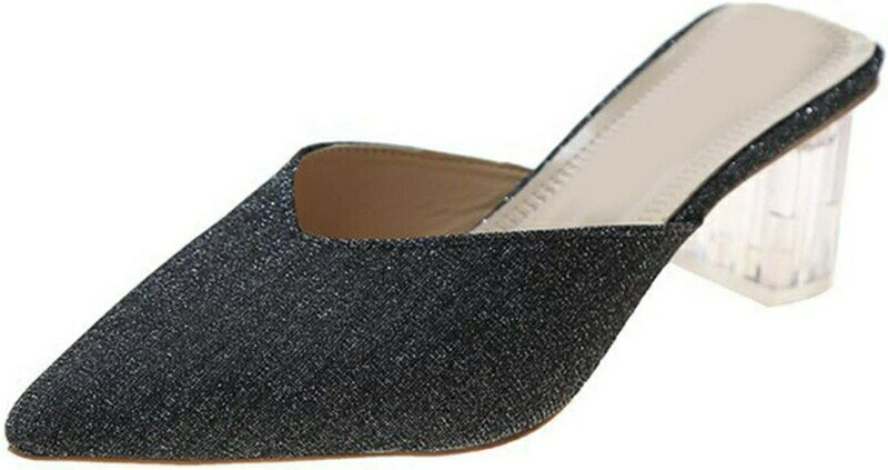 キラキラ ラメ ミュール レディース ヒール 美脚 歩きやすい クリアヒール ポインテッドトゥ ゴールド チャンキーヒール かわいい クリアサンダル 高い 旅行 疲れない つっかけサンダル サボ 太ヒ