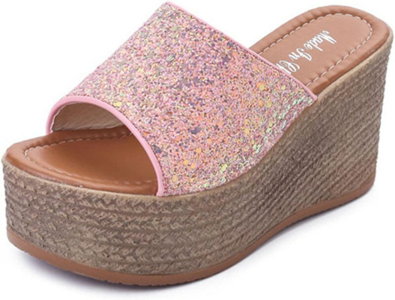 キラキラ サンダル 9cm ウェッジソール ミュール ワンベルト 厚底 サンダル レディース 靴 シンプル 美脚 ハイヒール スパンコール サボ サンダル ウェッジ ウェッジソール オープントゥ スト