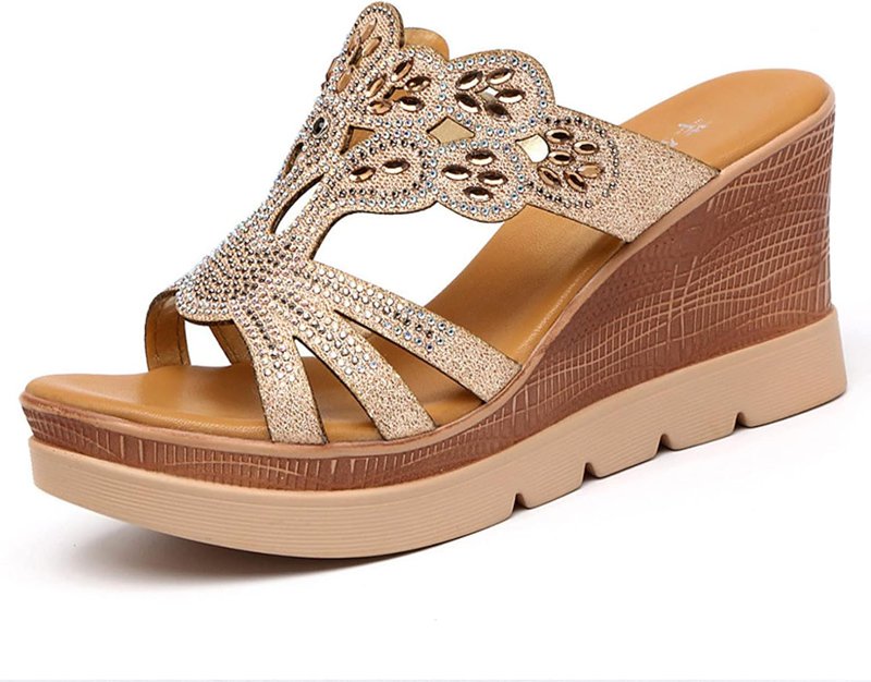 サンダル 厚底 ウェッジソール キラキラ ウェッジ ミュール 美脚 オープントゥ ラインストーン 小さい..