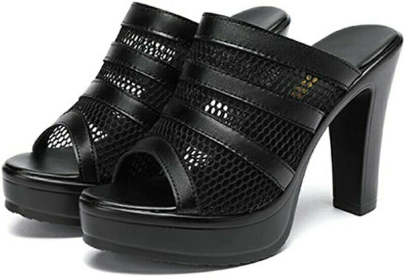 ストーム付き ハイヒール ミュール サンダル メッシュ レディース 靴 美脚 キャバサンダル 小さいサイズ パーティ 厚底 プラットフォーム 前厚 履きやすい 歩きやすい シューズ 太ヒール 10cm