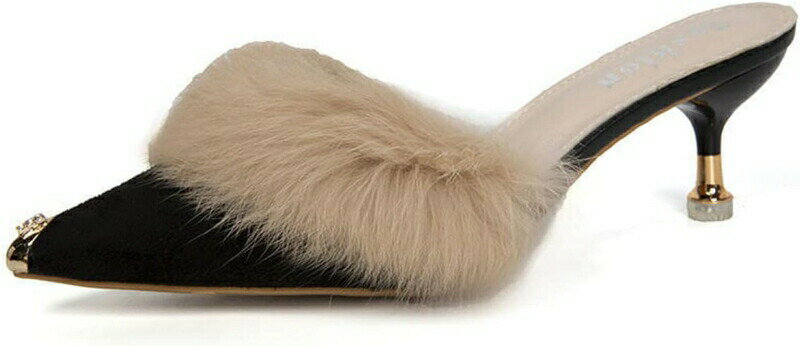 ファーミュール パンプス ポインテッドトゥ ピンヒール ファー付き サンダル シューズ 靴 6cm 無地 大きいサイズ ミュールサンダル あったか 裏起毛 美脚 結婚式 パーティー ポインテッドトゥパ