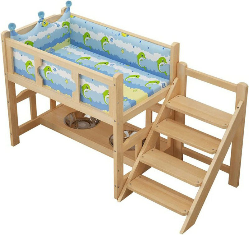 ペットベッド 2層ペットベッド 木製犬用ベッド 階段とガードレール付きガードレール付き高架ペットベッド 犬用ボウル ペット用木製フレームベッド 犬用 猫用のサムネイル