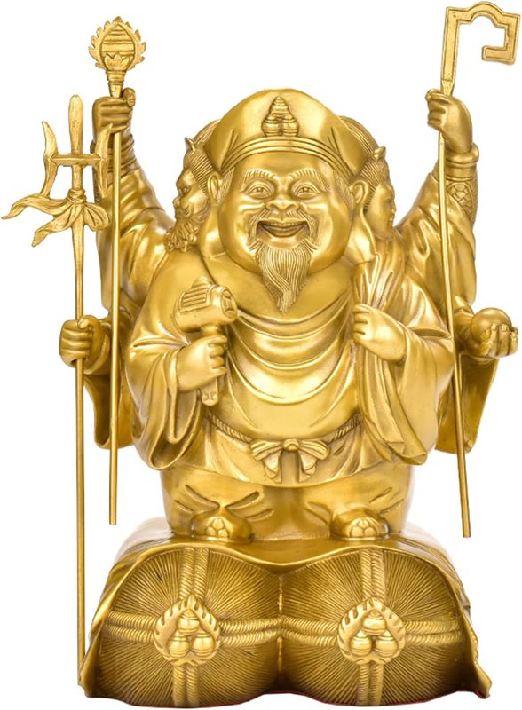 仏像 開運招福・三面大黒天 銅製 フィギュア 七福神 置物 ◆出世・必勝の守り神・商売繁盛・厄除け(Size:高さ10cm)