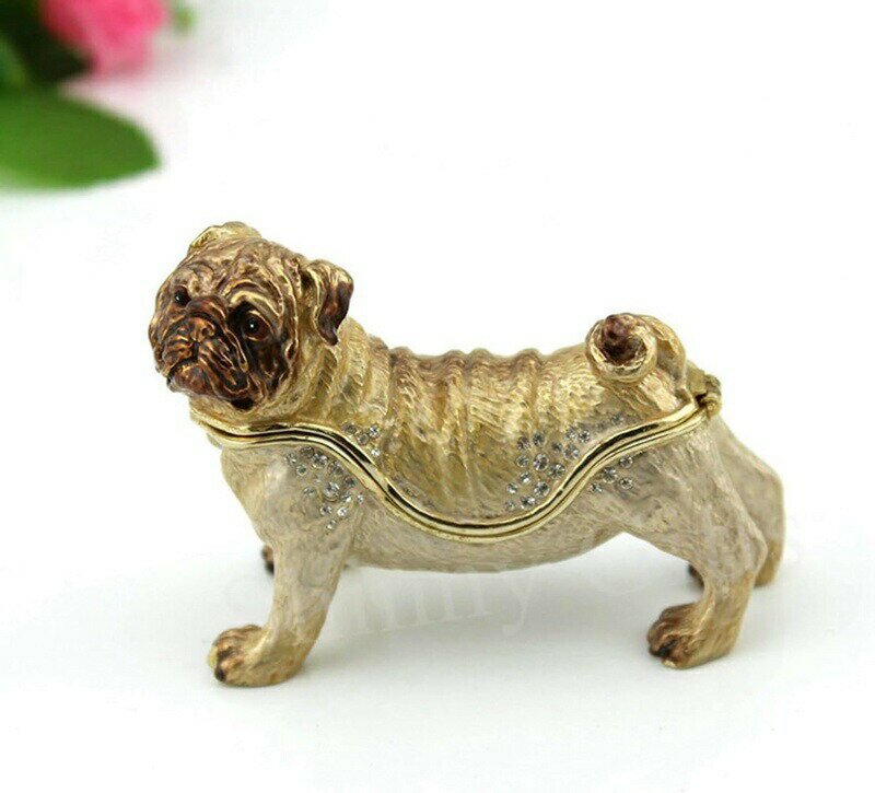 パグ 置物 ジュエリーボックス トリンケットボックス クリスタル合金製動物 本物そっくり クリア オーナメント 小物入れ ミニチュア収納ケース 誕生日 プレゼント 携帯用