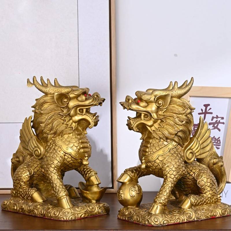 麒麟 キリン 霊獣 真鍮 銅製 元寶 福を招く 風水 グッズ インテリア 商売繁盛 魔除け お守り 招財 金運祈願 平和 幸運 安定 工芸品 置物 縁起物 運気アップ 財運 開運 ペア セット お祝い