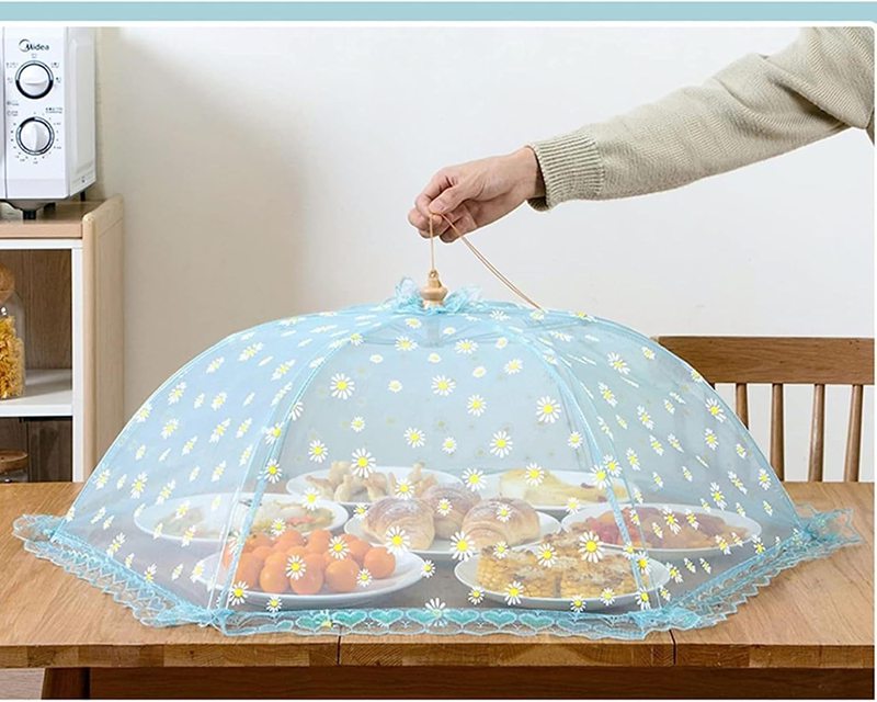 フードカバー 食卓カバー ブルー 食卓傘 傘形 花柄 レース 刺繍 小花付き ピンク ブルー ブルー ホワイ..