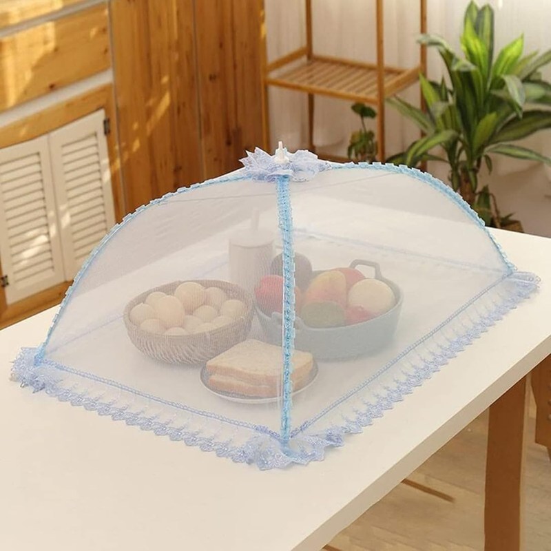 フードカバー 食卓カバー 北欧風 通気性 メッシュ虫よけ 埃よけ 食卓蚊帳 蝿帳 ひも付き 食卓傘 傘型 サマー デザート ご飯 ピクニック キッチン用 大きめ 折り畳み式 収納便利 清潔易い ブルー