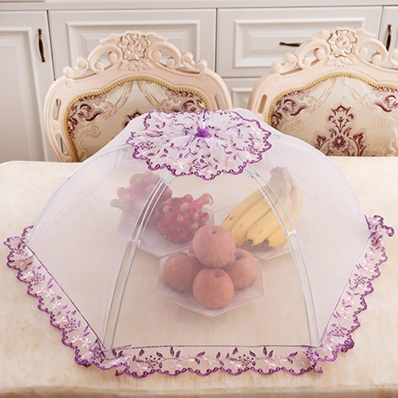 食卓カバー フードカバー 虫よけ 防塵 折り畳み 円形 通気性 軽量 食卓蚊帳 キッチン収納 レース 丈夫 洗える 食卓傘 食事カバー キッチン用 家庭用 野菜 おしゃれ 再利用可能 パープル 直径8