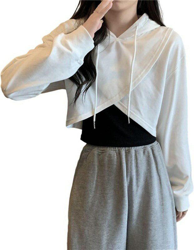 パーカー レディース 2点セット ショート タンクトップ へそ出し 春服 長袖 プルオーバー トレーナー フード クロス 綿 ゆったり プルパーカー お洒落 スウェット 原宿風 部屋着 普段着 アウタ