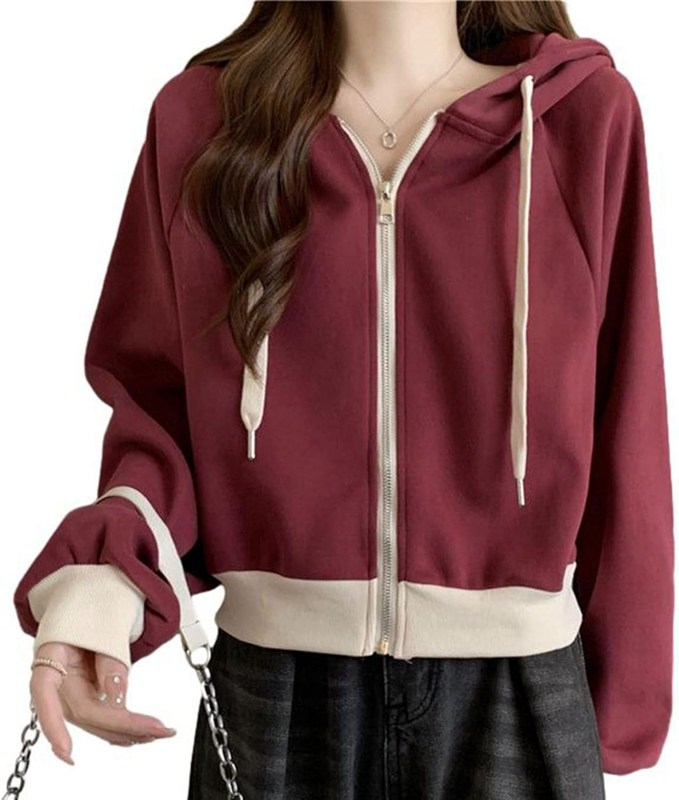 パーカー プルオーバー レディース 上着 ショート 可愛い フード付き リブ袖 スウェットパーカー 長袖 伸縮性 薄手 ジップアップ 通学 運動 バイカラー カジュアルアウトドア ストリート系 春秋服